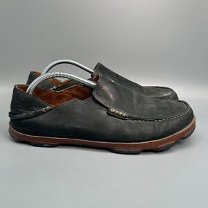 Olukai Moloa Men's 10 Black Nubuck Leather Casual Shoes Slip-On Round Toe Loafer